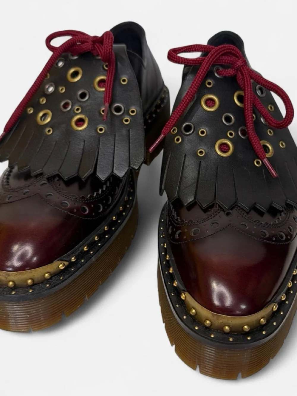 Burberry Black & Burgundy Platform Brogue Oxfords with Gold Accents